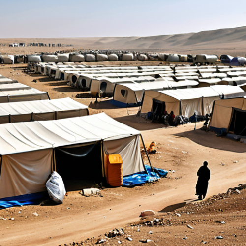 Home 4 Syrian Refugee Camp**
"A safe for work image depicting a Syrian refugee camp, appropriate content. Families are fully clothed in modest attire, residing in tents. The environment shows a dusty landscape with basic living conditions. Professional photography, perfect anatomy, correct proportions, natural pose, family-friendly, high quality."
**