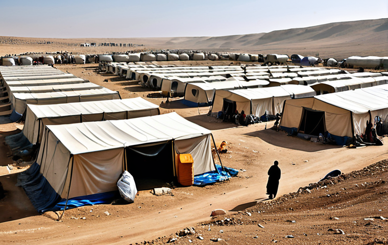 Syrian Refugee Camp**

"A safe for work image depicting a Syrian refugee camp, appropriate content. Families are fully clothed in modest attire, residing in tents. The environment shows a dusty landscape with basic living conditions. Professional photography, perfect anatomy, correct proportions, natural pose, family-friendly, high quality."

**