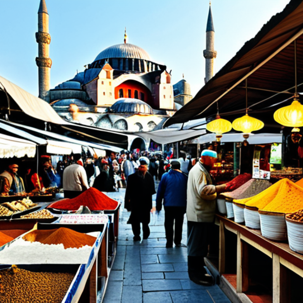 튀르키예에서 쇼핑할 때 협상법 - Lively Turkish Bazaar Scene** "A vibrant marketplace scene in Istanbul, Turkey. Vendors are selling...