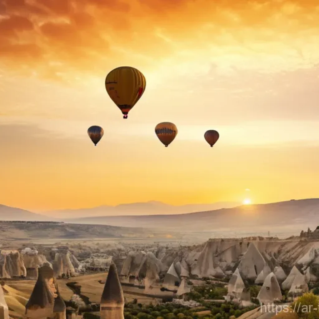 튀르키예에서의 사진 여행 - **Prompt:** A majestic panoramic view of Cappadocia at sunrise. Hundreds of vividly colored hot air ...