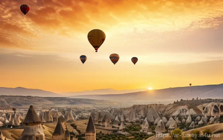 튀르키예에서의 사진 여행 - **Prompt:** A majestic panoramic view of Cappadocia at sunrise. Hundreds of vividly colored hot air ...