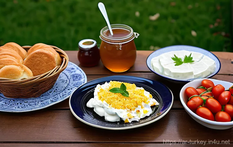 튀르키예 식문화와 예절 - A vibrant, brightly lit image of an authentic Turkish breakfast (Fırtar) spread on a traditional woo...