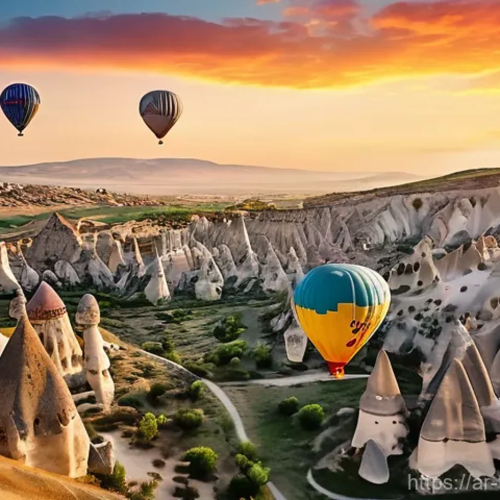 튀르키예에서의 단체 여행 가이드 - **Prompt 1: Cappadocia Hot Air Balloon Sunrise** "A stunning aerial view of Cappadocia at sunris...