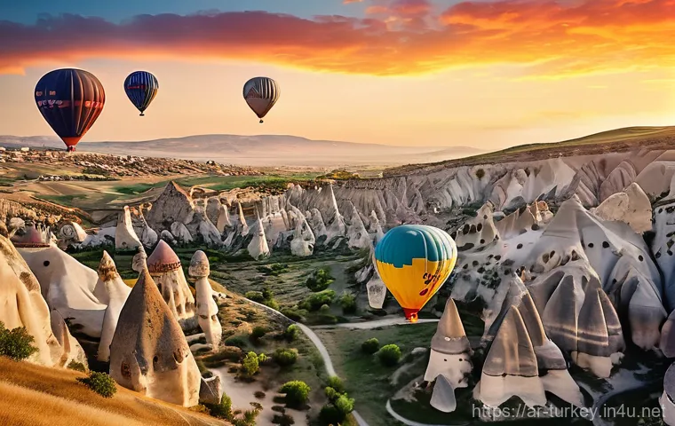 튀르키예에서의 단체 여행 가이드 - **Prompt 1: Cappadocia Hot Air Balloon Sunrise** "A stunning aerial view of Cappadocia at sunris...