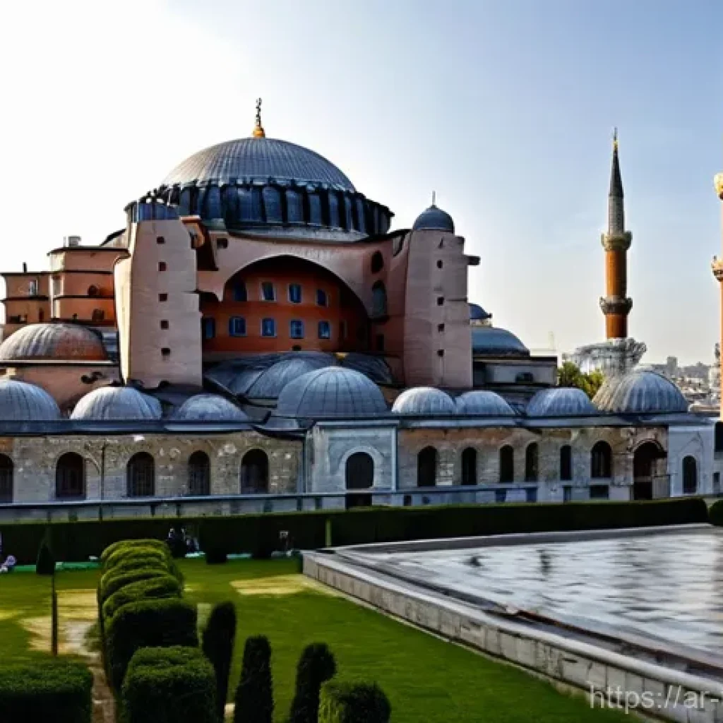 튀르키예 문화재 복원 프로젝트 - **Hagia Sophia's Resilient Majesty:** An awe-inspiring, wide-angle shot of the Hagia Sophia in I...