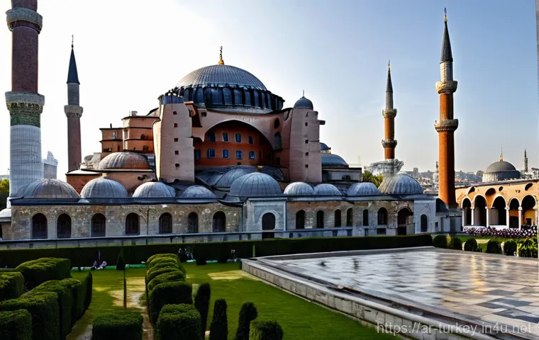 튀르키예 문화재 복원 프로젝트 - **Hagia Sophia's Resilient Majesty:** An awe-inspiring, wide-angle shot of the Hagia Sophia in I...