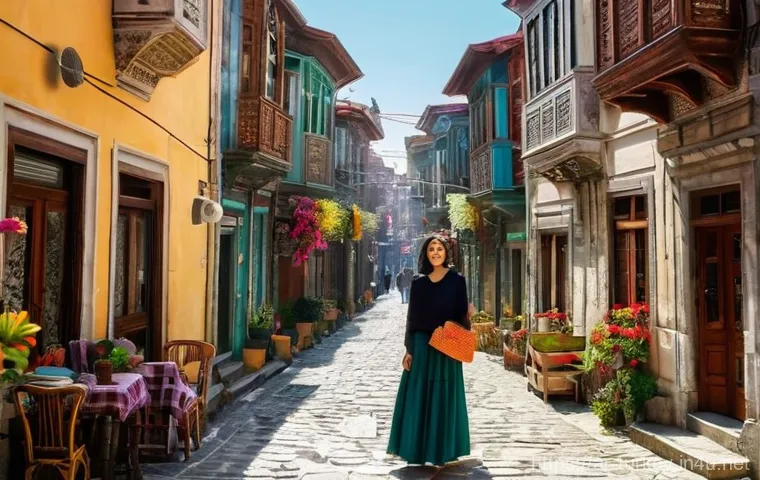 튀르키예의 주요 도보 관광지 - **Prompt:** A vibrant, historic alleyway in Istanbul's Balat district, bathed in warm, soft sunlight...
