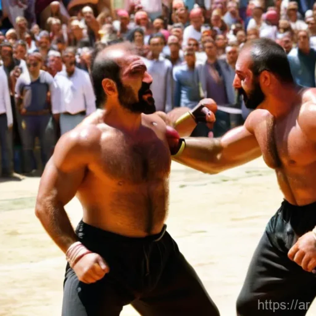 튀르키예의 국민 스포츠와 경기장 - **Prompt:** A vivid, dynamic shot of two muscular Turkish "Pehlivan" oil wrestlers in the midst of a...
