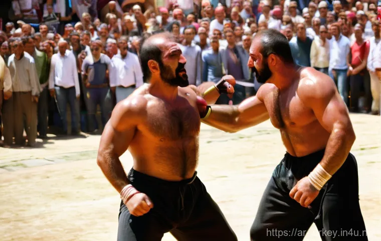 튀르키예의 국민 스포츠와 경기장 - **Prompt:** A vivid, dynamic shot of two muscular Turkish "Pehlivan" oil wrestlers in the midst of a...