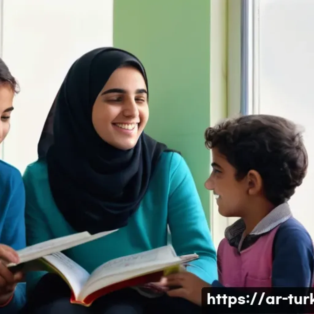 튀르키예에서의 공동체 봉사활동 - **Prompt:** A heartwarming scene featuring a young Arab female volunteer, dressed in modest, comfort...