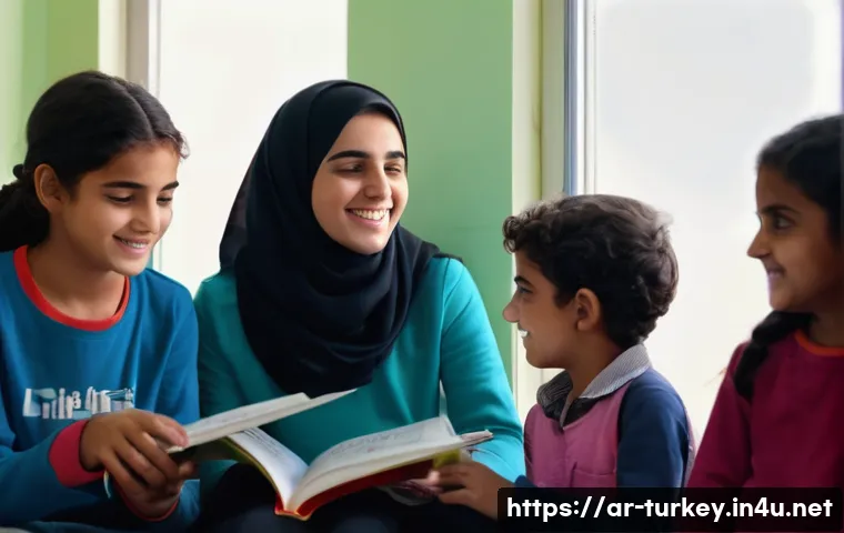 튀르키예에서의 공동체 봉사활동 - **Prompt:** A heartwarming scene featuring a young Arab female volunteer, dressed in modest, comfort...