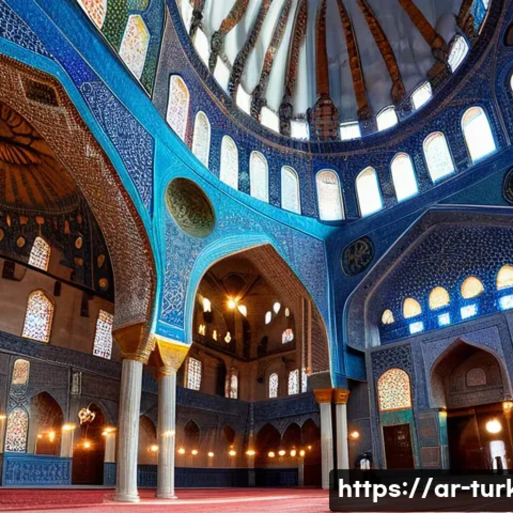 이스탄불 블루모스크 역사 - A detailed interior view of the Blue Mosque (Sultan Ahmed Mosque) showcasing its magnificent large d...