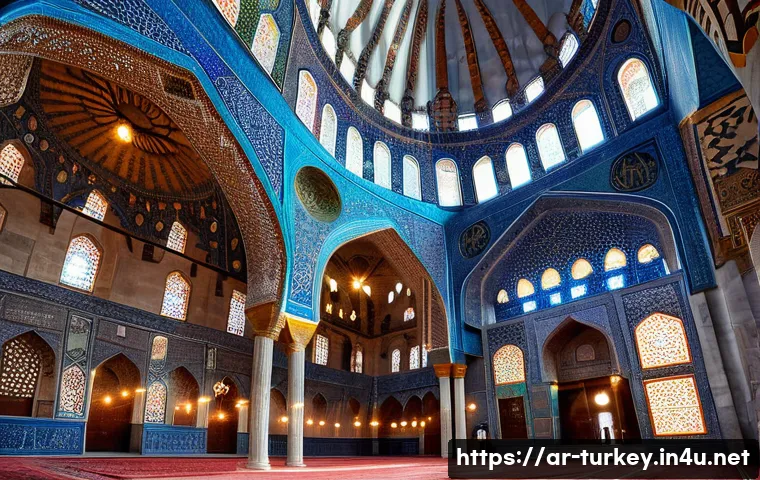이스탄불 블루모스크 역사 - A detailed interior view of the Blue Mosque (Sultan Ahmed Mosque) showcasing its magnificent large d...