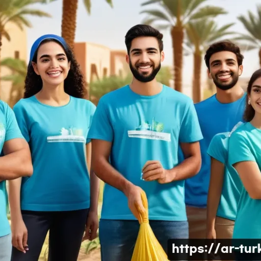 튀르키예에서의 청소년 봉사활동 - A diverse group of young Arab volunteers, wearing casual clothes and modest attire, actively engaged...