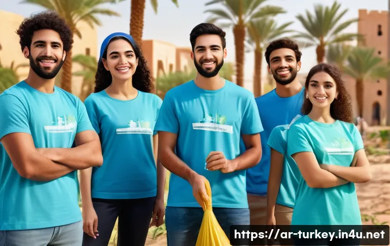 튀르키예에서의 청소년 봉사활동 - A diverse group of young Arab volunteers, wearing casual clothes and modest attire, actively engaged...