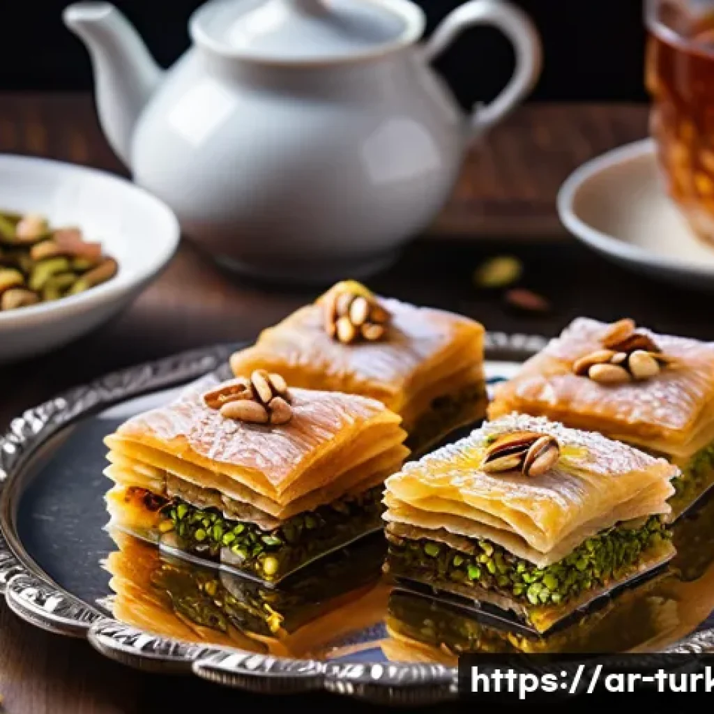 튀르키예 전통 디저트 바클라바 - A close-up image of traditional Turkish desserts arranged on an ornate silver tray, featuring baklav...
