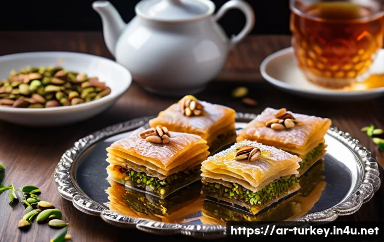 튀르키예 전통 디저트 바클라바 - A close-up image of traditional Turkish desserts arranged on an ornate silver tray, featuring baklav...