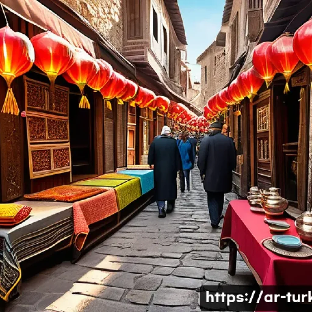 튀르키예 민속 마켓 탐방 - A vibrant Turkish bazaar scene at midday, showcasing narrow bustling alleyways filled with colorful ...
