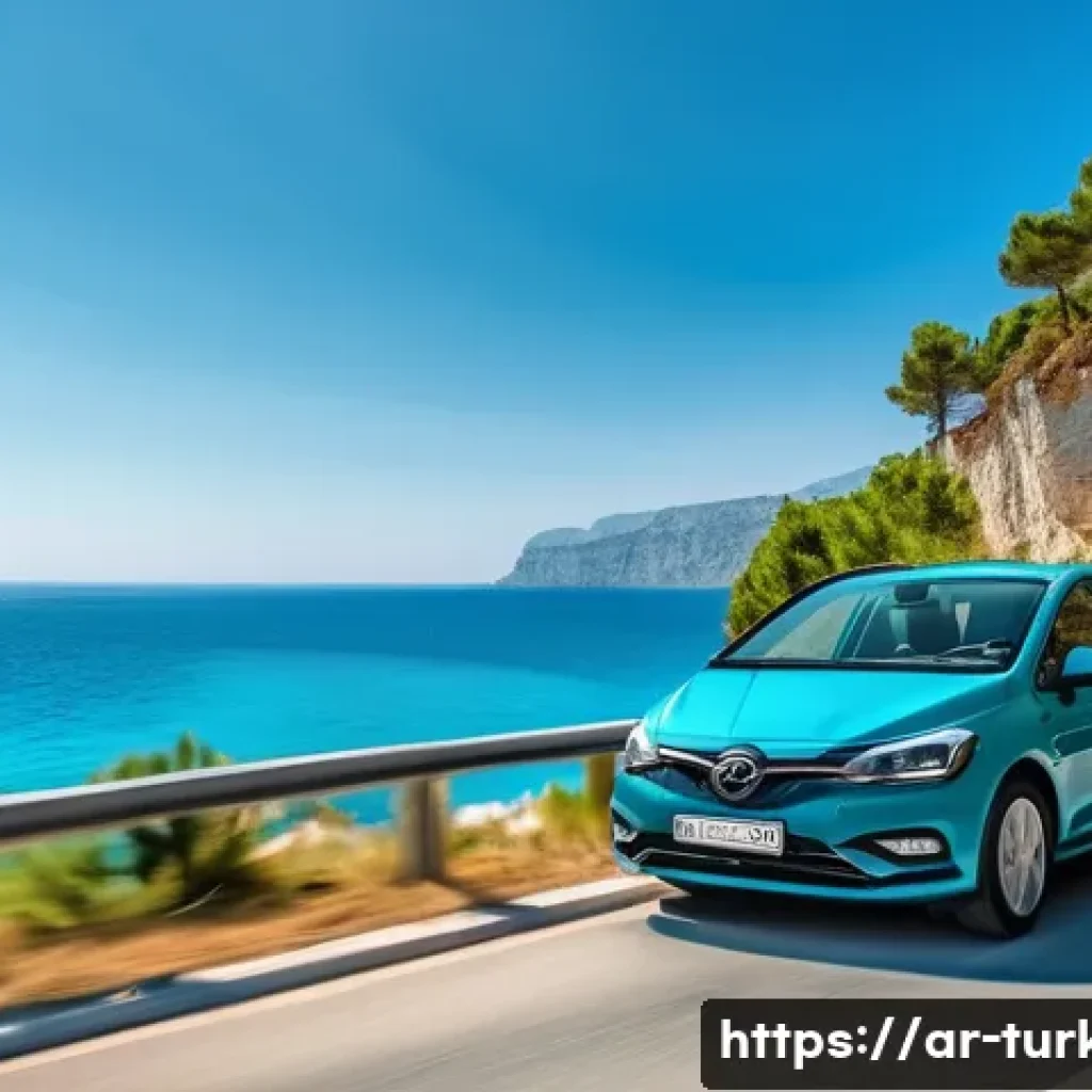 튀르키예 내 셀프 드라이브 여행 - A vibrant coastal road scene in Turkey along the Mediterranean near Antalya, featuring a modern comp...