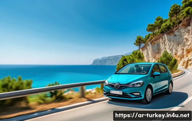 튀르키예 내 셀프 드라이브 여행 - A vibrant coastal road scene in Turkey along the Mediterranean near Antalya, featuring a modern comp...