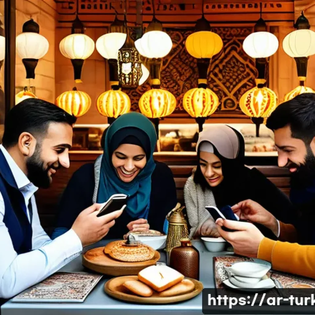 튀르키예 여행을 위한 커뮤니티 추천 - A vibrant scene of a diverse group of Arabic-speaking travelers in a cozy Istanbul café, engaging wi...