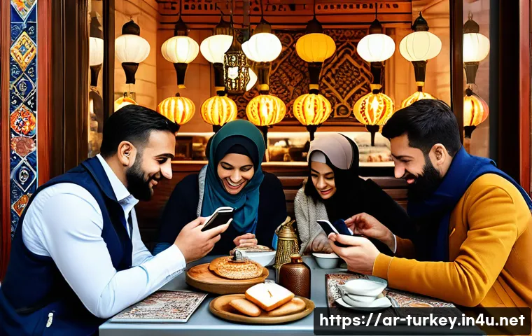 튀르키예 여행을 위한 커뮤니티 추천 - A vibrant scene of a diverse group of Arabic-speaking travelers in a cozy Istanbul café, engaging wi...