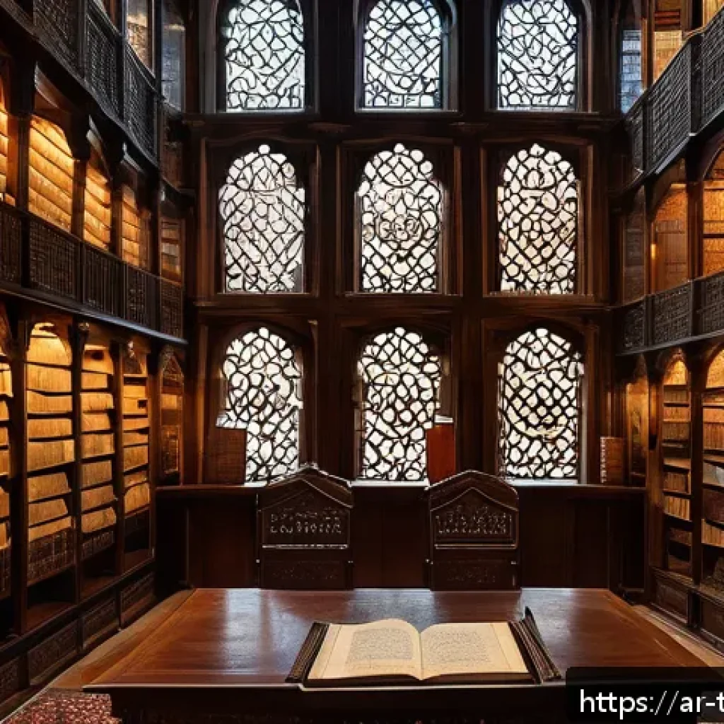 튀르키예 내 가장 오래된 도서관 - An ancient Turkish library interior with ornate wooden shelves filled with thousands of old manuscri...