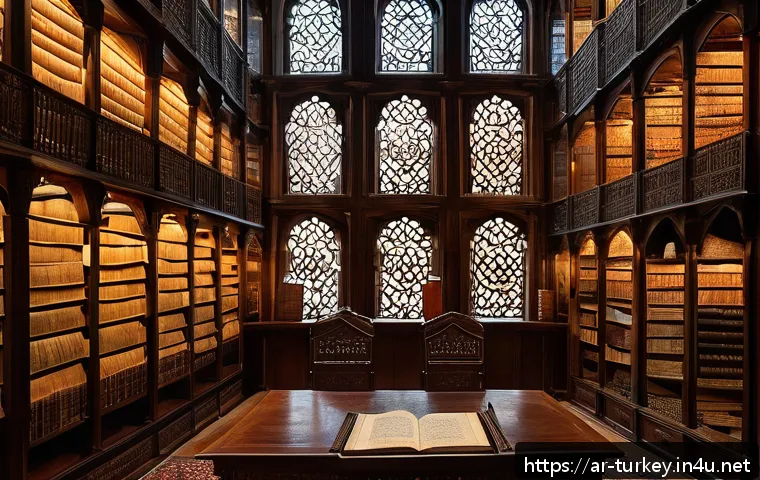 튀르키예 내 가장 오래된 도서관 - An ancient Turkish library interior with ornate wooden shelves filled with thousands of old manuscri...