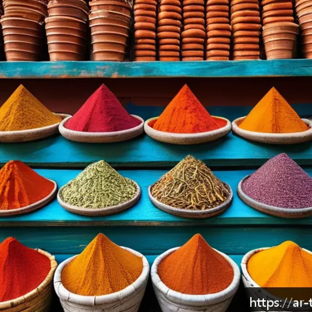 튀르키예 지역별 특산물 - A vibrant traditional Turkish bazaar scene showcasing an array of colorful spices like bright red ch...