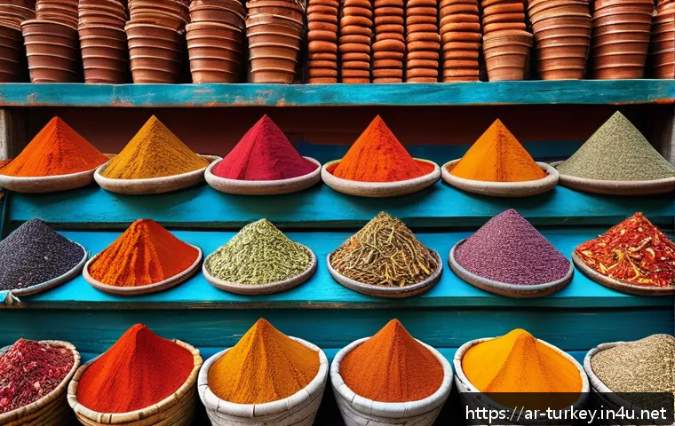 튀르키예 지역별 특산물 - A vibrant traditional Turkish bazaar scene showcasing an array of colorful spices like bright red ch...
