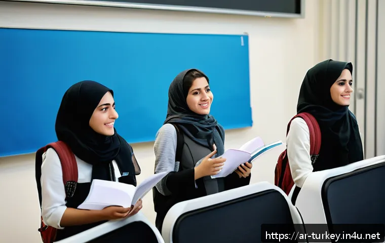 튀르키예 여성의 지위와 역할 - A vibrant university scene in Istanbul showing a diverse group of female students wearing modest, co...