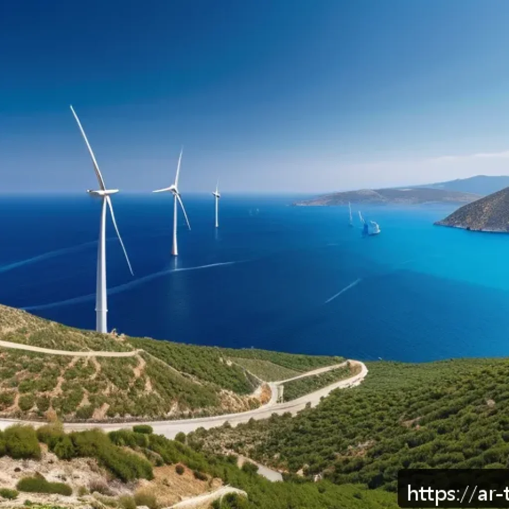 튀르키예의 자원과 에너지 산업 - A panoramic view of a modern wind farm along the Turkish Aegean coast, featuring tall white wind tur...