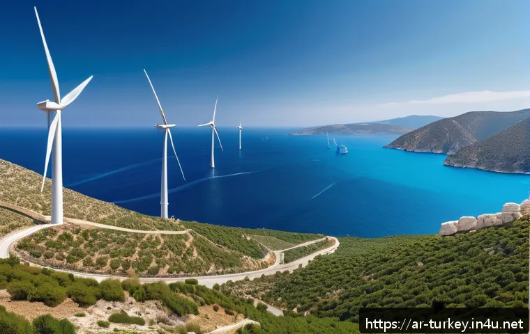 튀르키예의 자원과 에너지 산업 - A panoramic view of a modern wind farm along the Turkish Aegean coast, featuring tall white wind tur...
