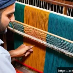 튀르키예 전통 공예 체험 - A detailed close-up scene of a skilled Turkish artisan weaving traditional handwoven fabric on a man...