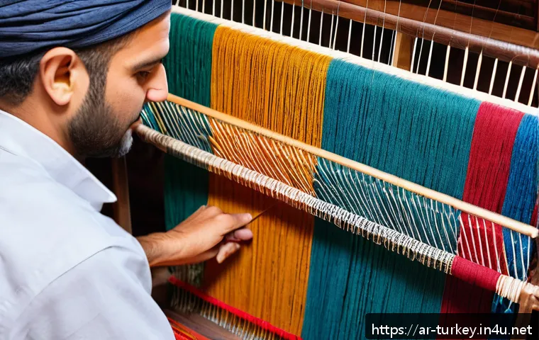 튀르키예 전통 공예 체험 - A detailed close-up scene of a skilled Turkish artisan weaving traditional handwoven fabric on a man...