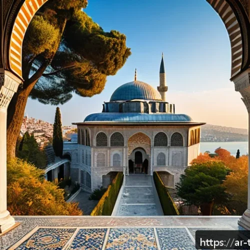 이스탄불 톱카프 궁전 투어 - A panoramic view of Topkapi Palace perched on a hill overlooking the Bosphorus Strait at sunrise, sh...