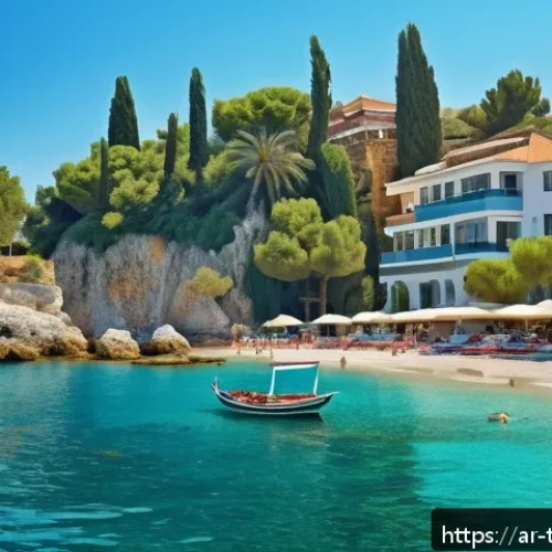 튀르키예 주요 지중해 연안 도시 비교 - A vibrant coastal scene of Antalya, Turkey, showcasing golden sandy beaches with families and touris...