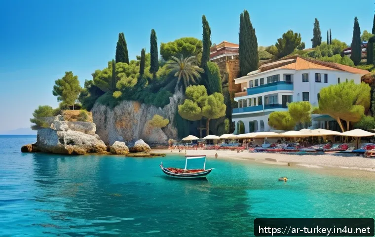 튀르키예 주요 지중해 연안 도시 비교 - A vibrant coastal scene of Antalya, Turkey, showcasing golden sandy beaches with families and touris...