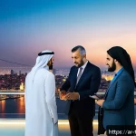 튀르키예의 주요 경제 정책 - A vibrant modern Turkish business district scene showcasing a diverse group of professional Arab men...