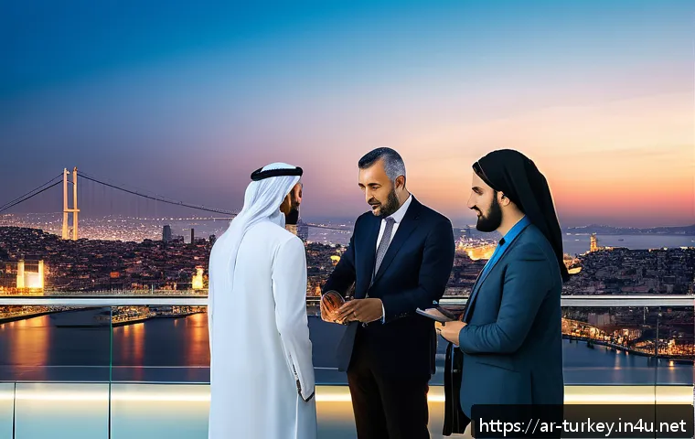 튀르키예의 주요 경제 정책 - A vibrant modern Turkish business district scene showcasing a diverse group of professional Arab men...