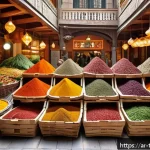 튀르키예 쿠킹 클래스 체험 - A vibrant traditional Turkish spice market scene in Istanbul, showcasing colorful piles of fresh her...
