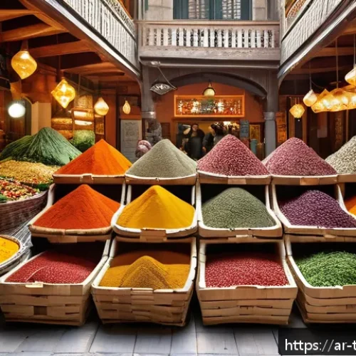 튀르키예 쿠킹 클래스 체험 - A vibrant traditional Turkish spice market scene in Istanbul, showcasing colorful piles of fresh her...