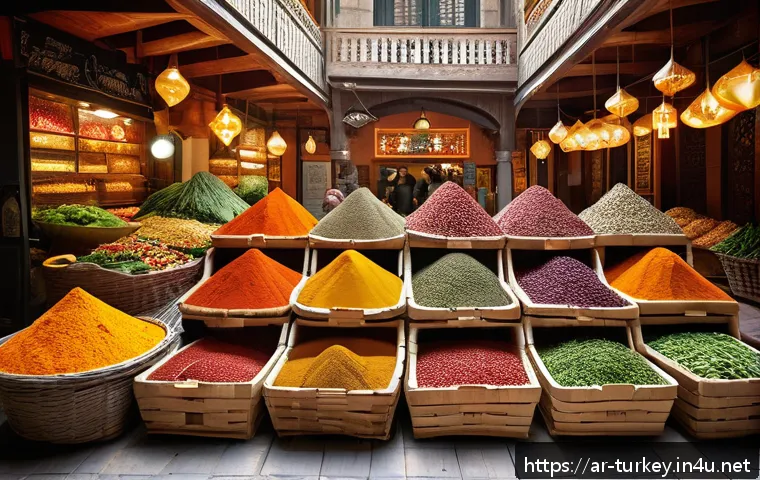 튀르키예 쿠킹 클래스 체험 - A vibrant traditional Turkish spice market scene in Istanbul, showcasing colorful piles of fresh her...