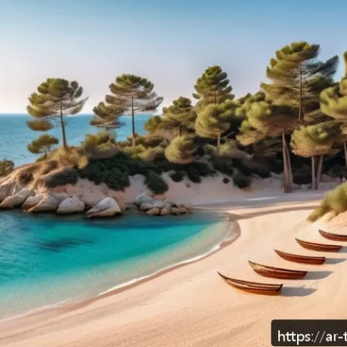 튀르키예 주요 해양 관광 명소 - A serene hidden beach in Turkey at golden hour, secluded by tall pine forests and soft sand dunes, c...