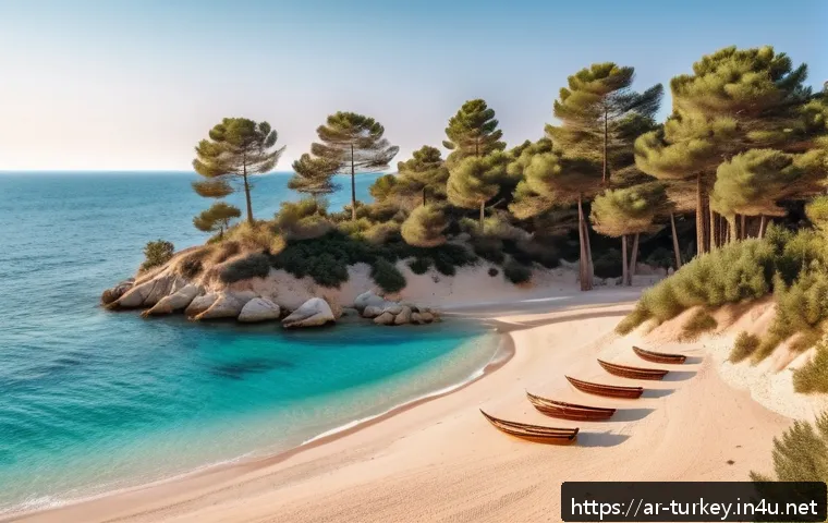 튀르키예 주요 해양 관광 명소 - A serene hidden beach in Turkey at golden hour, secluded by tall pine forests and soft sand dunes, c...