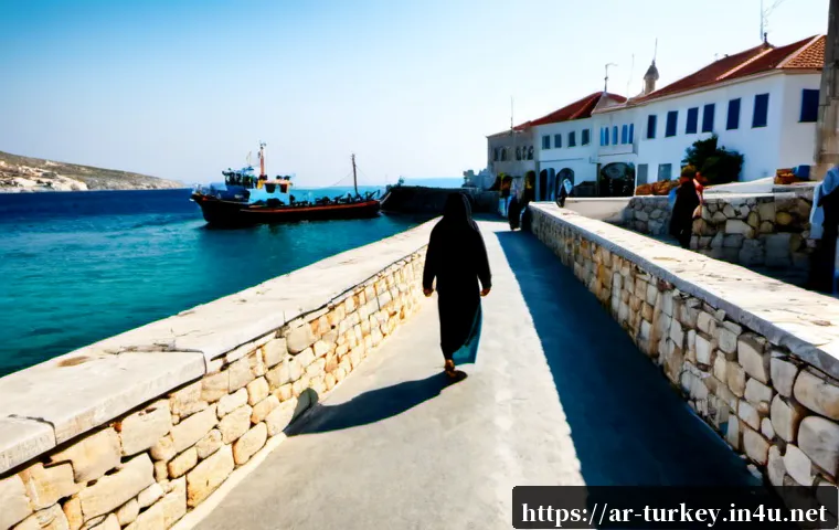 튀르키예 주요 섬 관광 루트 - Photorealistic travel scene on a Turkish Aegean island, a modestly dressed Arab family strolling alo...