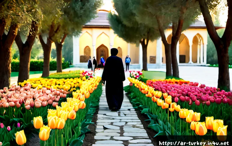 튀르키예로의 원예 및 정원 여행 - Photorealistic travel scene in a lush Turkish botanical garden, Arab family visitors in elegant mode...