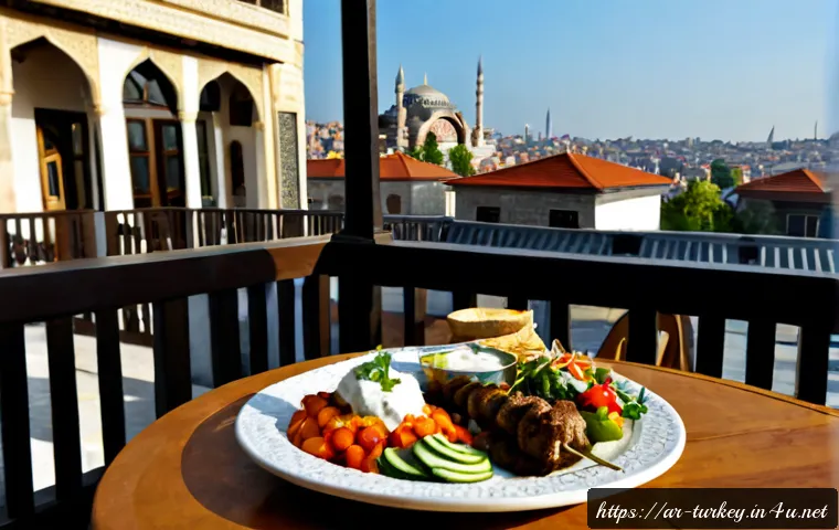 튀르키예 국민 음식과 음료 - Photorealistic Turkish food table featuring a freshly grilled lamb kebab platter with rice, roasted ...
