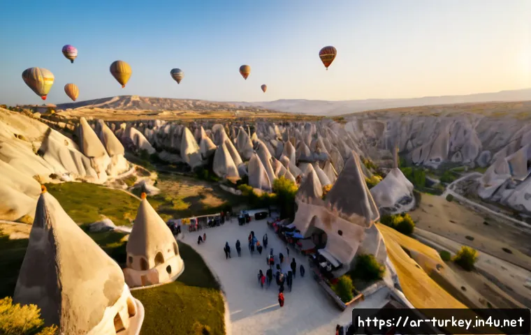 Home 17 튀르키예에서의 드론 촬영 명소 - Photorealistic aerial drone view of Cappadocia, Türkiye at sunrise, dozens of colorful hot-air ballo...